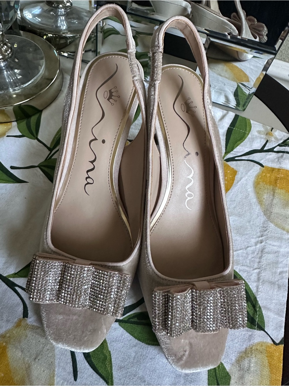 Nina Blush Slingback Bow Mules with Crystal Trim